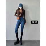 goosudu Galia Solid Color Denim High Waist Pencil Leg Skinny Jeans Pants