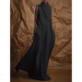 Goosudu Casual High Neck Solid Color Sleeveless Large Pocket Low Crotch Jumpsuit