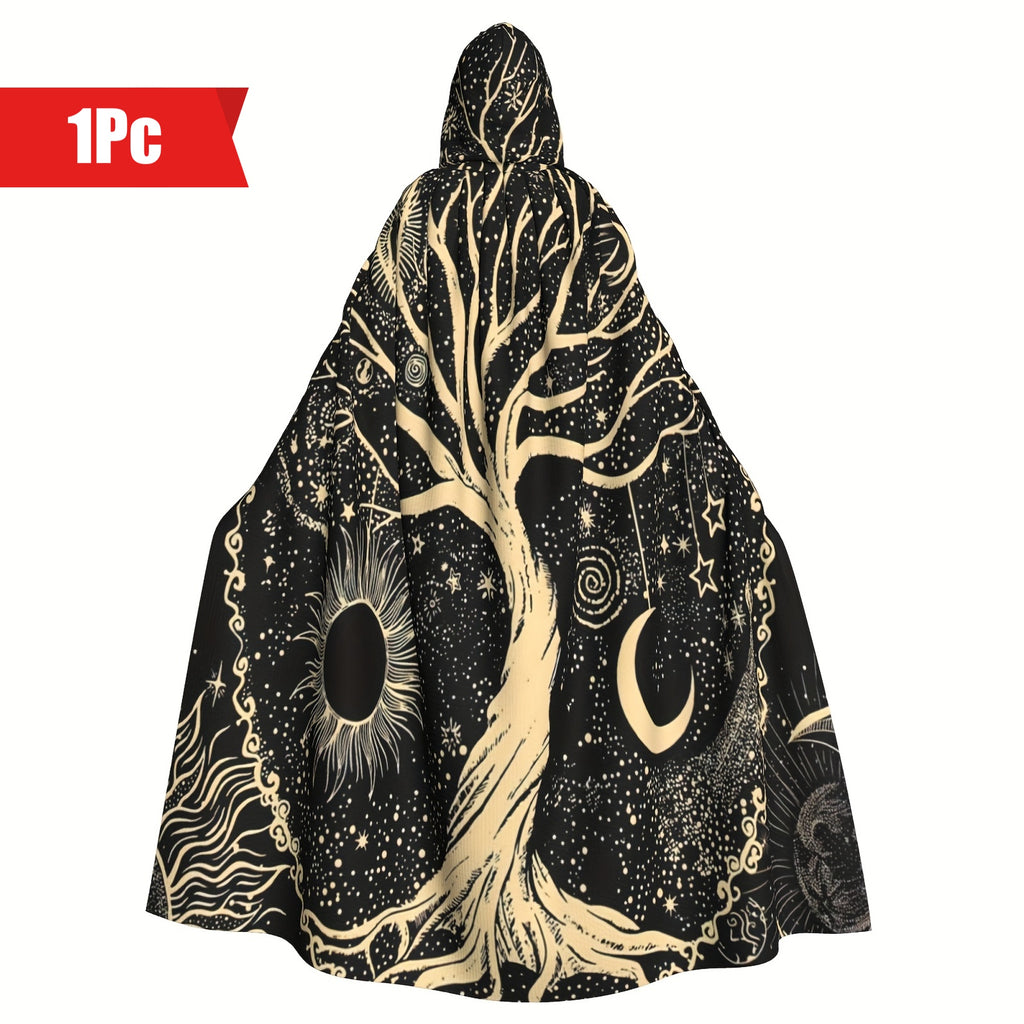 Unisex Viking-Inspired Hooded Cloak-Tree of Life & Celestial Design-Soft Shawl for Cosplay & Parties, 58*60inch, 1pc