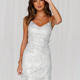 Vibrant Sequined Color Block Cami Dress - Sleeveless V-Neck Mini Party Dress with Cross Back Detail - Polyester Knit Fabric, No Elasticity, Solid Color, Sexy and Chic for Womens Night Out