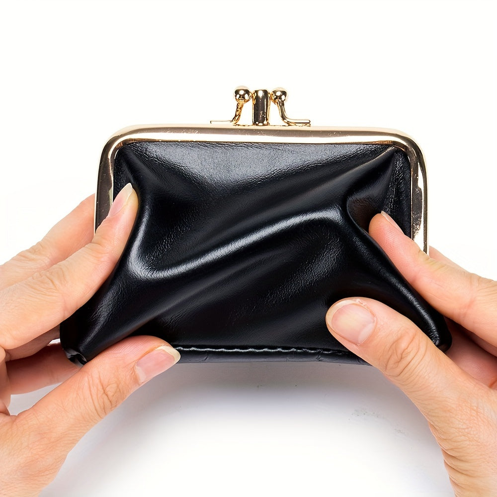 Retro Double Layer Coin Purse For Women, Mini Oil Wax Leather Storage Bags, Genuine Leather Kiss Lock Wallet For Key, Earphone