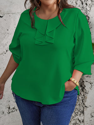 Plus Size Draped Crew Neck Ruffle Blouse - Soft Slight Stretch Polyester Fabric, Solid Color, Short Sleeve, Casual Chic for Spring, Summer, and Fall - Womens Middle East Style Shirting