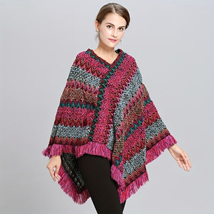 Soft Knit Boho Tassel Shawl Scarf - Bold Geometric Color Block & Vintage Stripes - Ultra-Warm, Windproof Cape-Style Cardigan Wrap for Women - Perfect Outdoor Accessory