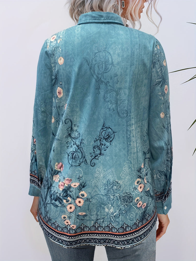 Plus Size Floral Print Shirt - Relaxed Fit Casual Style with Long Flowing Sleeves and Classic Button Front - Designed for Curvy Women, Plus Size Range for a Flattering Fit
