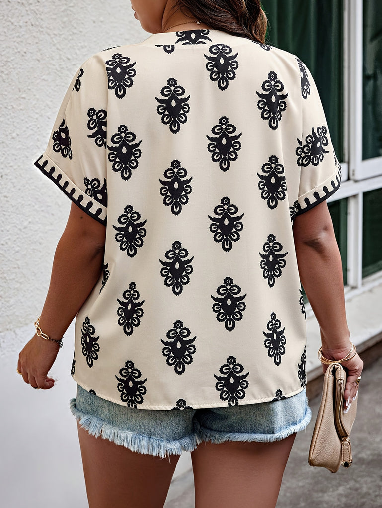 Plus Size V Neck Asymmetrical Print Blouse - Soft Slight Stretch Polyester Fabric, Casual Summer Shirting for Women - Random Pattern, Woven, Non-Sheer, Short Sleeve, Relaxed Fit