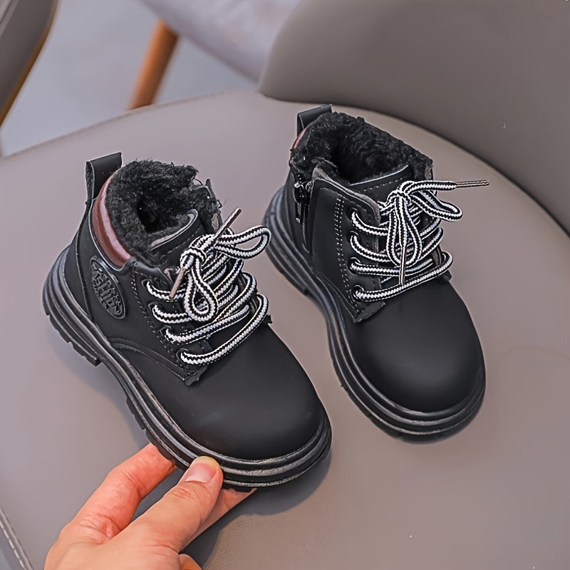Trendy Cool Solid Color Plus Fleece Boots For Baby Boys Girls, Non-slip Warm Boots For Autumn And Winter