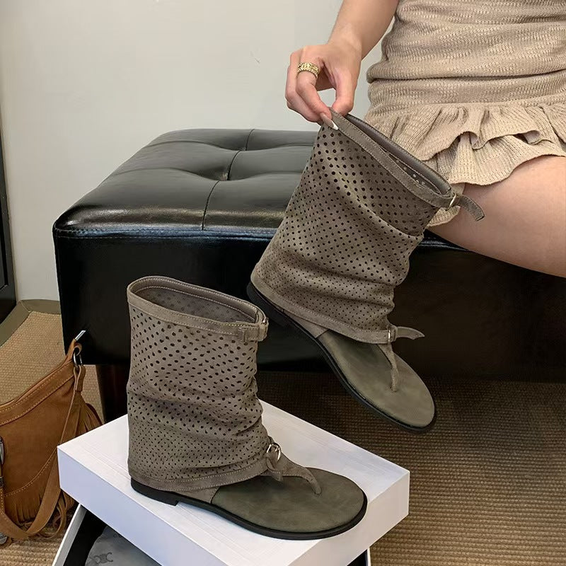 Goosudu Women's Drawstring Hollowed-Out Open-Toe High-Heeled Boots