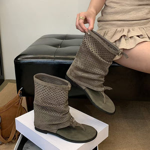 Goosudu Women's Drawstring Hollowed-Out Open-Toe High-Heeled Boots