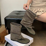 Goosudu Women's Drawstring Hollowed-Out Open-Toe High-Heeled Boots