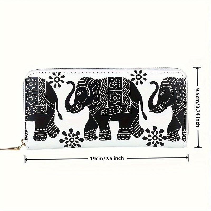 Vintage Elephant Print Long Zipper Wallet, Multifunctional Credit Card Purse For Women