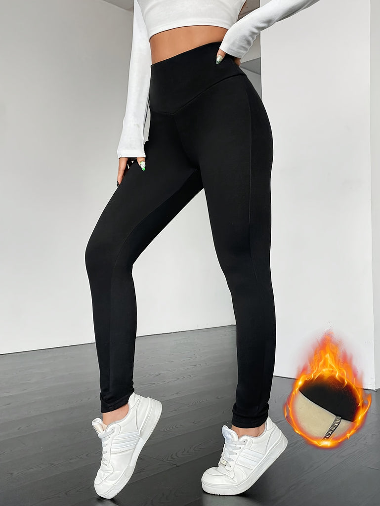 Solid Color Skinny Leggings, Casual High Waist Every Day Stretchy Fleece Leggings, Women's Clothing