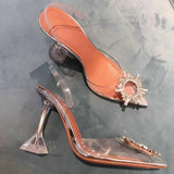 Summer New Pointed Rhinestone Odd Heel Stiletto Ladies Sun Decoration Wild Fairy PVC Transparent Crystal Shoes Kq8