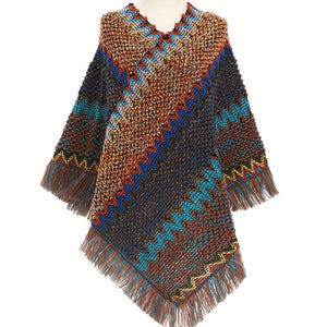 Vibrant Striped Bohemian Shawl Cloak - Wraps & Pashminas with Inelastic Knitted Design, Casual Vintage Style, Soft Pullover Cape, Perfect for Everyday Wear - One Size Fits Most