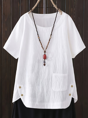 Plus Size Elegant Crew Neck Pocket Blouse - Soft Cotton, Asymmetrical Hem, Solid Color, Short Sleeve, Semi-Sheer, Middle East Style Shirting for Spring & Summer - Womens Comfortable Daily Wear