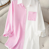 Plus Size Colorblock Collared Shirt, Casual Long Sleeve Button Front Shirt, Women's Plus Size Clothing