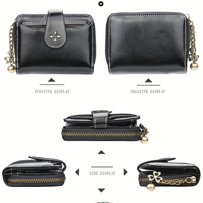 Retro Zipper Around Short Wallet, Multi Card Slots Coin Purse, Women's Buckle Credit Card Holder