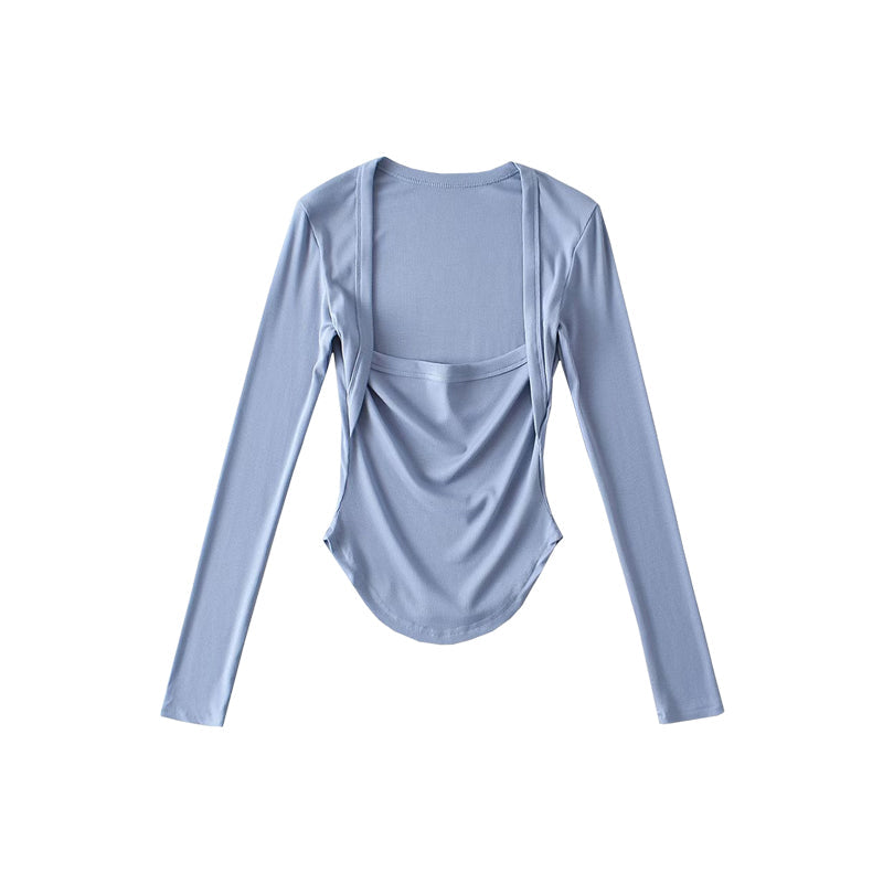 goosudu Angela Solid Color Square Neck Long Sleeve Slim Top
