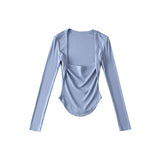 goosudu Angela Solid Color Square Neck Long Sleeve Slim Top