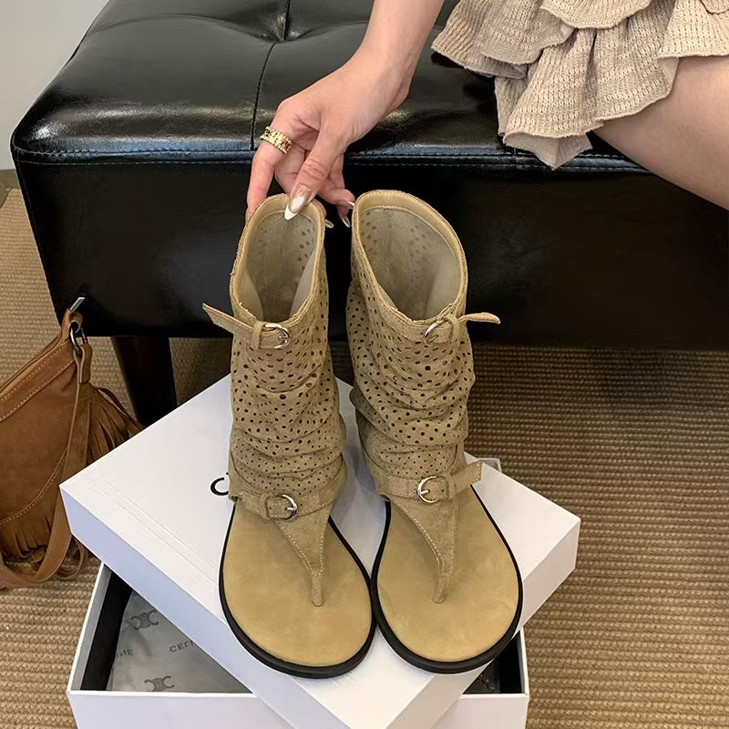 Goosudu Women's Drawstring Hollowed-Out Open-Toe High-Heeled Boots