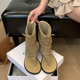 Goosudu Women's Drawstring Hollowed-Out Open-Toe High-Heeled Boots