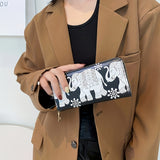 Vintage Elephant Print Long Zipper Wallet, Multifunctional Credit Card Purse For Women