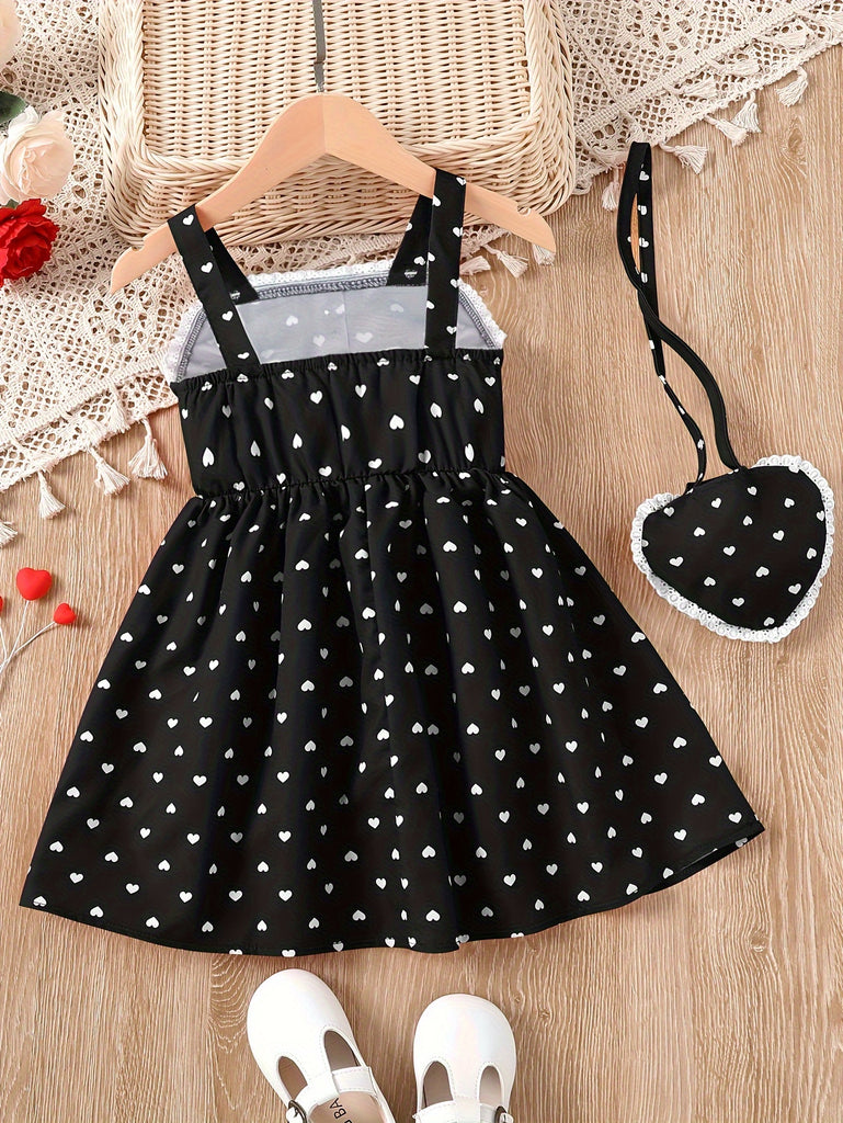 Toddler Girls Heart Graphic Lace Trim Button Pocket Princess Cami Dress With Bag For Party Kids Summer Clothes