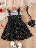 Toddler Girls Heart Graphic Lace Trim Button Pocket Princess Cami Dress With Bag For Party Kids Summer Clothes