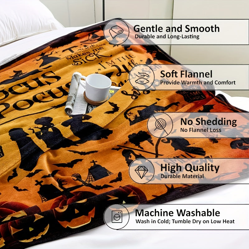 Traditional-Style Hocus Pocus Themed Flannel Throw Blanket - Soft, Machine Washable, All-Season Stain-Resistant Bedding with Pumpkin and Witch Motif for Multipurpose Use - Knitted Polyester Decoration Shawl