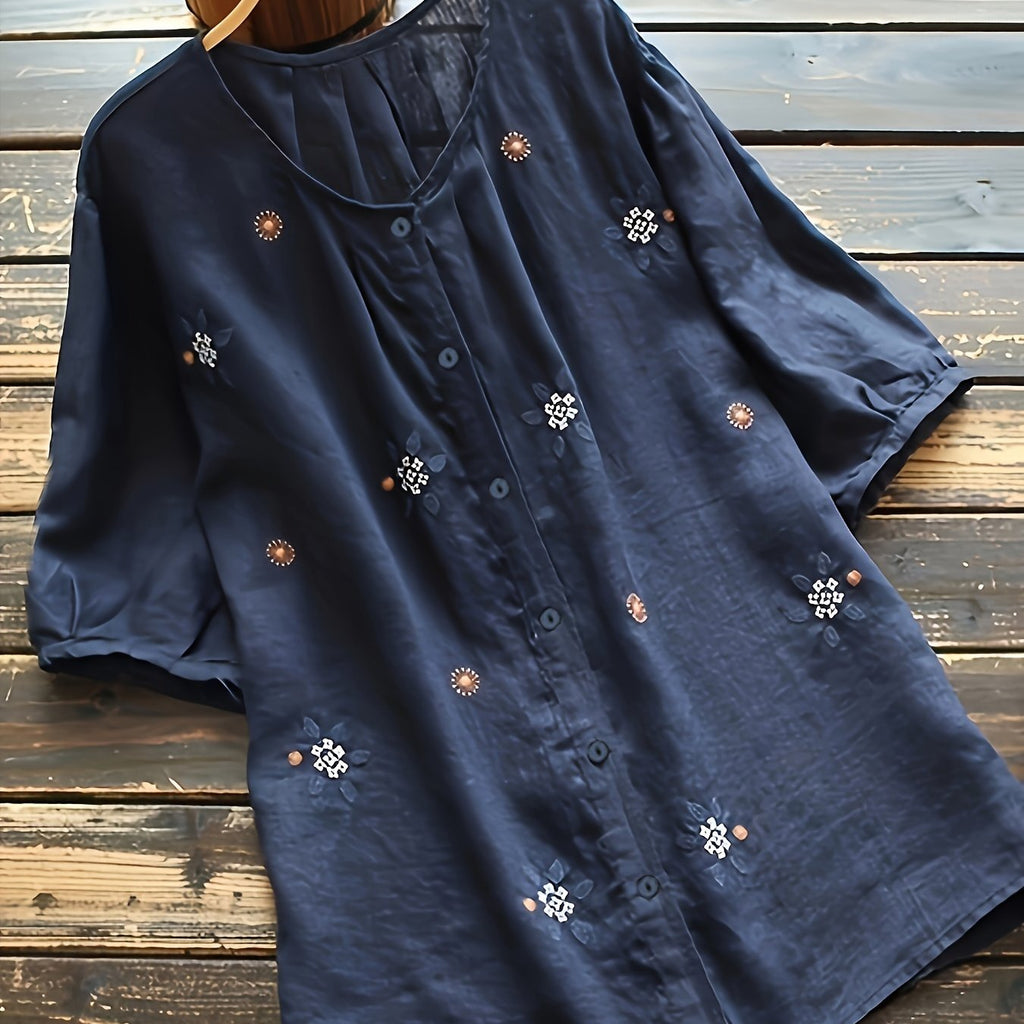 Plus Size Elegant Floral Embroidery Crew Neck Short Sleeve Blouse - Soft Slight Stretch Polyester Fabric, Weekend Casual Summer Shirting for Oversized Women - Positioning Printing, Placket Closure, and Woven Weaving Method