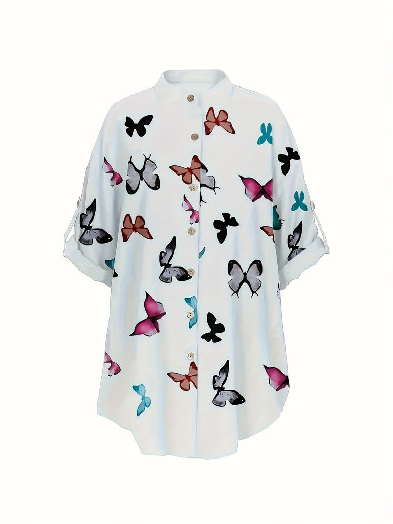 Fluttering Butterfly Print Plus Size Blouse - Stylish & Comfortable Casual Wear with Roll Tab Sleeves and Buttons - Perfect for Spring - Womens Plus Fashion