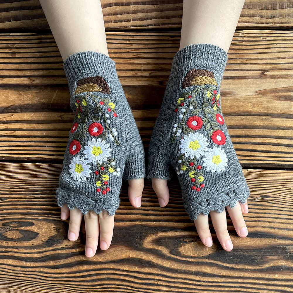 Winter Warmth Fingerless Tribal Embroidered Gloves - Soft Acrylic Knit, Fleece Lined, Elastic, and Hook Up Design for Going Out - Handcrafted with Love