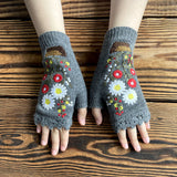 Winter Warmth Fingerless Tribal Embroidered Gloves - Soft Acrylic Knit, Fleece Lined, Elastic, and Hook Up Design for Going Out - Handcrafted with Love