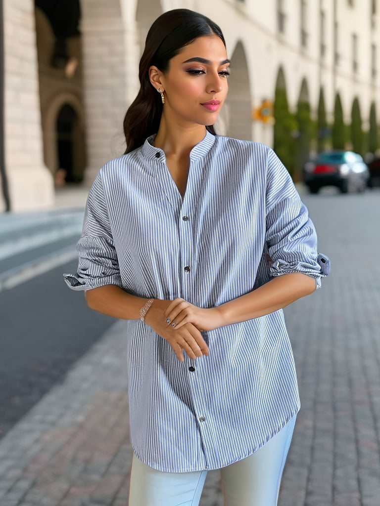 Stripe Print Button Front Blouse, Casual Long Sleeve Blouse For Spring & Fall, Women's Clothing