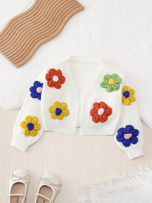 Girls' Fashion Knit Cardigan Sweater - Soft, Cozy, and Stylish with 3D Colorful Floral Appliques, Long Sleeves, and Classic Open Front - Perfect for Casual Daily Wear, School, or Outdoor Activities