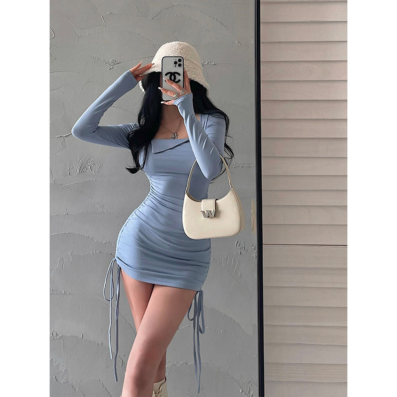 goosudu Mai Solid Color Long Sleeve Square Neck Lapel Drawstring Pleated Slim Mini Dress