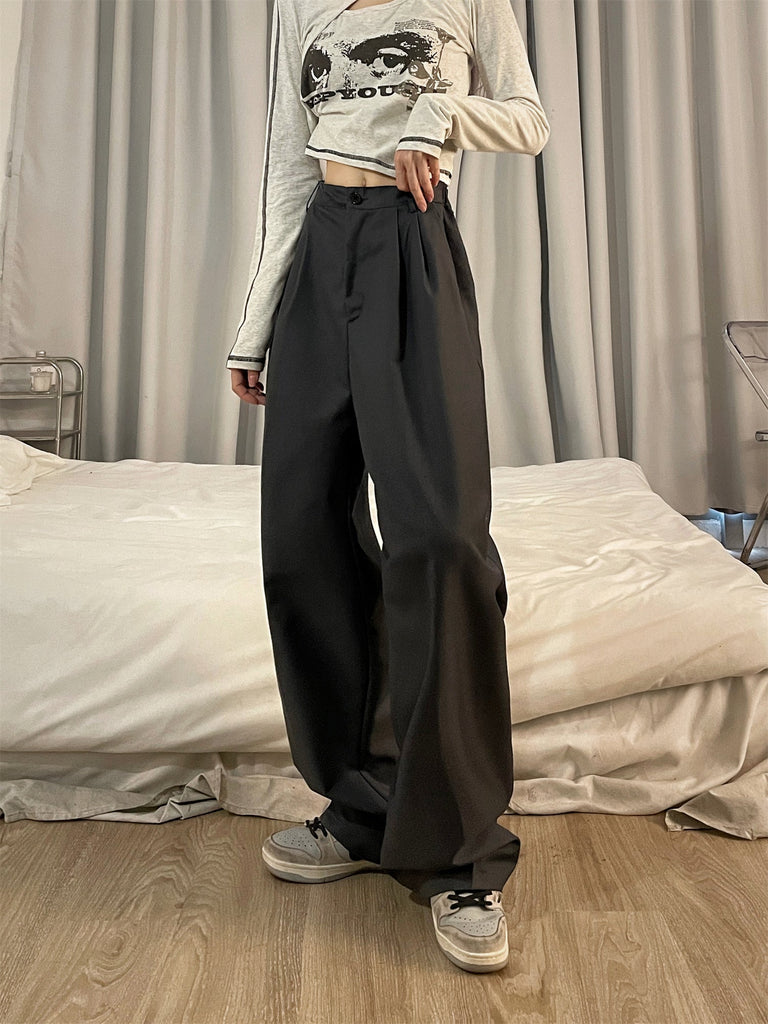 goosudu Shelly Solid Color Retro Drape High Waist Straight Loose Casual Suit Pants