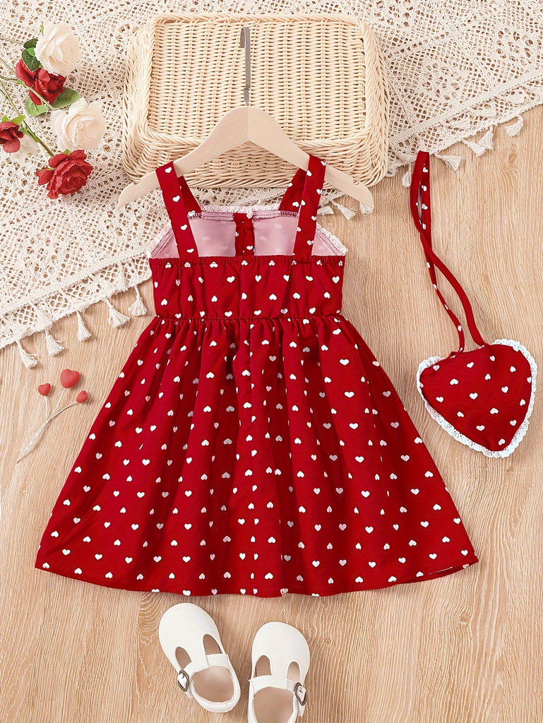 Toddler Girls Heart Graphic Lace Trim Button Pocket Princess Cami Dress With Bag For Party Kids Summer Clothes