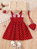 Toddler Girls Heart Graphic Lace Trim Button Pocket Princess Cami Dress With Bag For Party Kids Summer Clothes