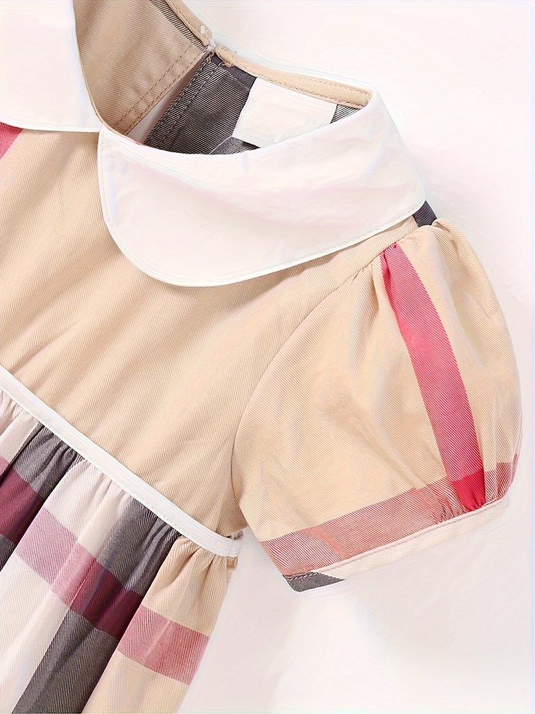 Girls Charming Plaid Dress - Crafted from Soft and Breathable Pure Cotton, Short Sleeves, Classic Lapel Design - Perfect for Warm Weather and Summer Outings