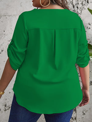 Plus Size Draped Crew Neck Ruffle Blouse - Soft Slight Stretch Polyester Fabric, Solid Color, Short Sleeve, Casual Chic for Spring, Summer, and Fall - Womens Middle East Style Shirting