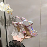 Summer New Rhinestone Bow Square Head One-Line Buckle High Heel Crystal Sandals Women Kq8