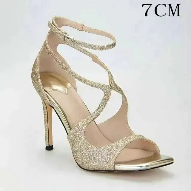 Summer A Line With Sexy Open Toe For Women New Cross Sequin Square Sandals Fashion High Heels Kq8