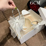 Summer New Round Head Sandals Pearl One Line Buckle White Bow High Heels Fairy Wind Female Wedding Shoes Kq8