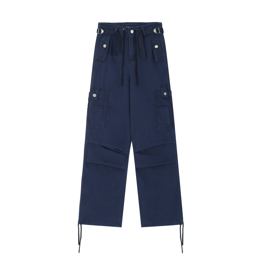 goosudu Kenny Solid Color Multi-Pocket High Waist Straight Wide Leg Cargo Pants