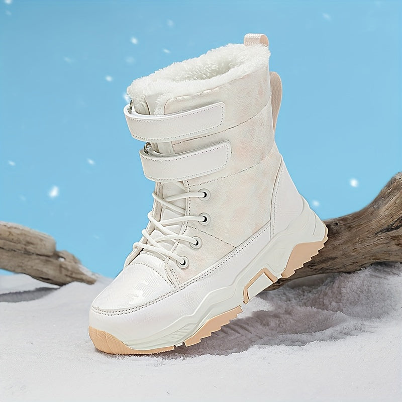 Girls' Trendy Solid Color Warm Snow Boots with Hook-and-loop Fastener Closure - Casual/Cute Style, Camouflage/Geometric/Plaid Patterns, Suitable for Autumn & Winter Outdoor Activities, Hiking & Daily Wear, Round Toe, Fabric Upper & Lining, TPR Sole