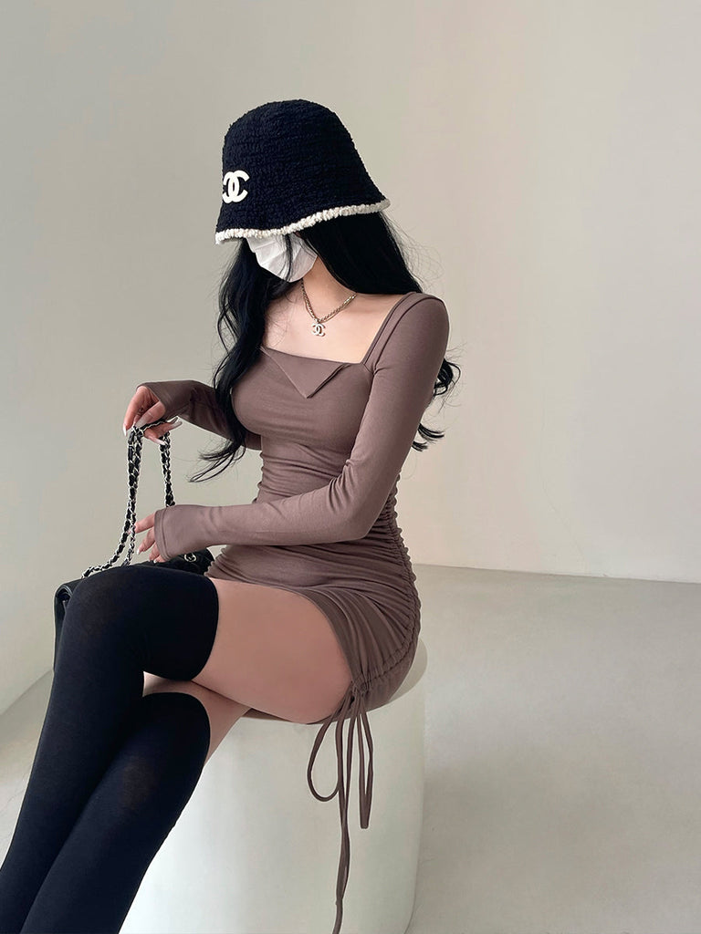 goosudu Mai Solid Color Long Sleeve Square Neck Lapel Drawstring Pleated Slim Mini Dress