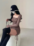 goosudu Mai Solid Color Long Sleeve Square Neck Lapel Drawstring Pleated Slim Mini Dress
