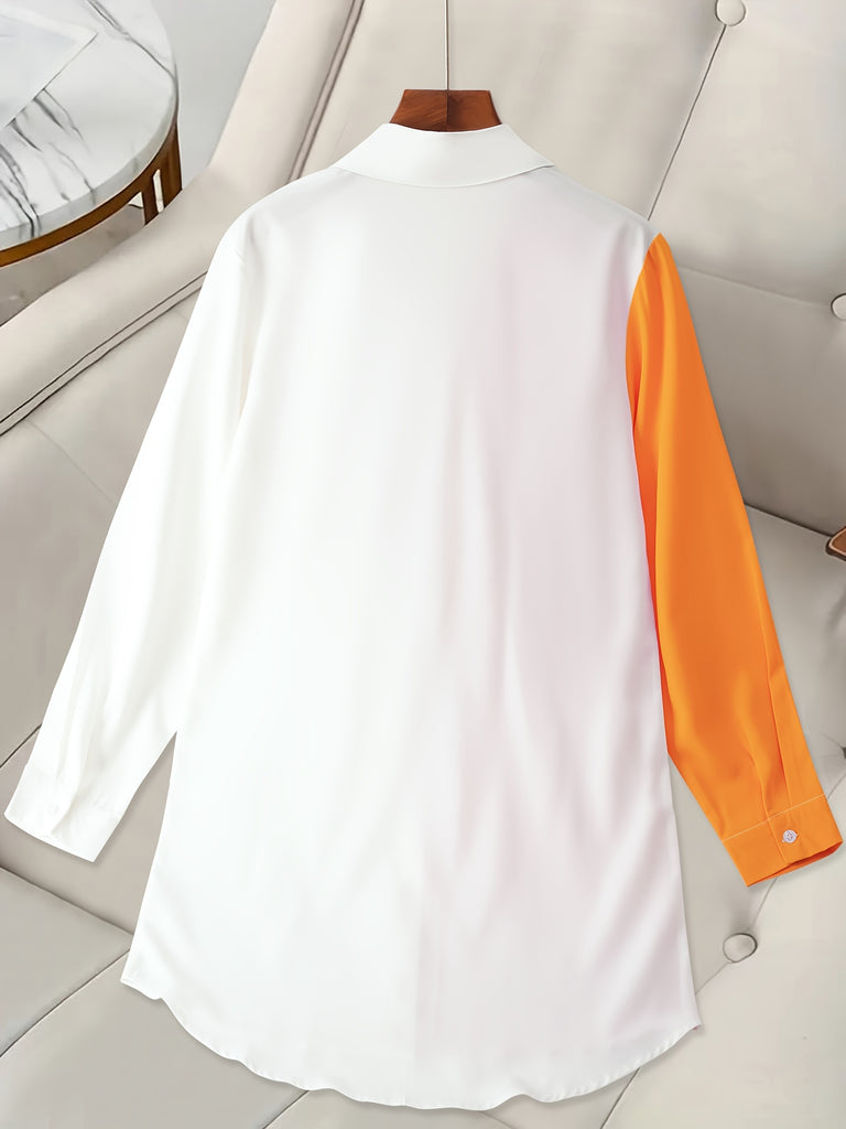 Plus Size Colorblock Collared Shirt, Casual Long Sleeve Button Front Shirt, Women's Plus Size Clothing