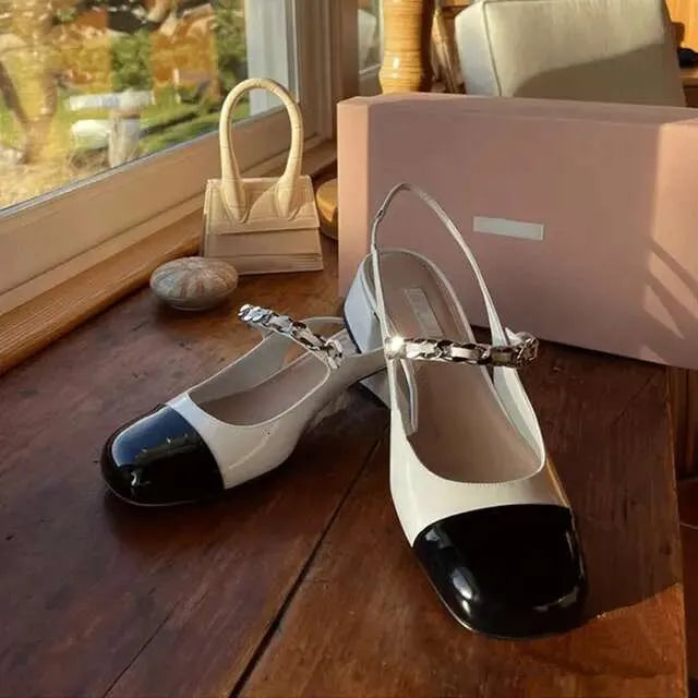 Spring New Mary Jane Sandals Square Head Pearl Chain Thick Heel Single Shoe With Empty Back Kq8