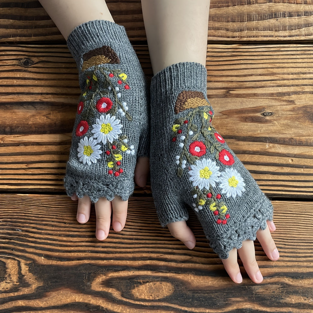 Winter Warmth Fingerless Tribal Embroidered Gloves - Soft Acrylic Knit, Fleece Lined, Elastic, and Hook Up Design for Going Out - Handcrafted with Love